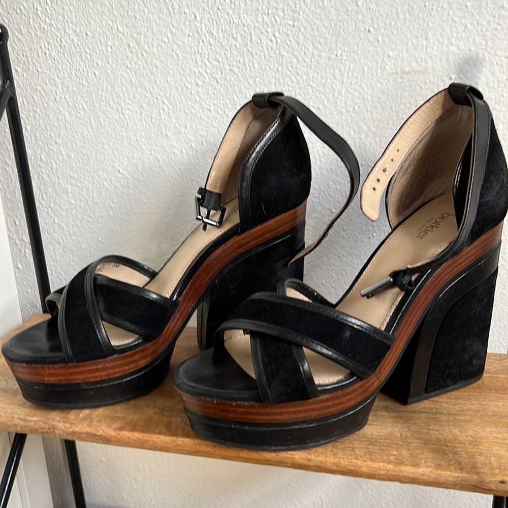 Botkier Platform Sandal - black leather suede and wood - size 6.5